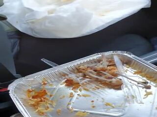 Step mom fucked through leggings while eating in the car