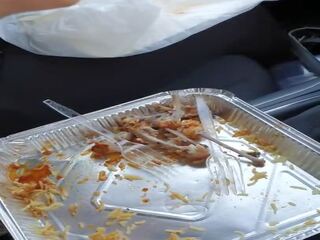 Step mom fucked through leggings while eating in the mobil